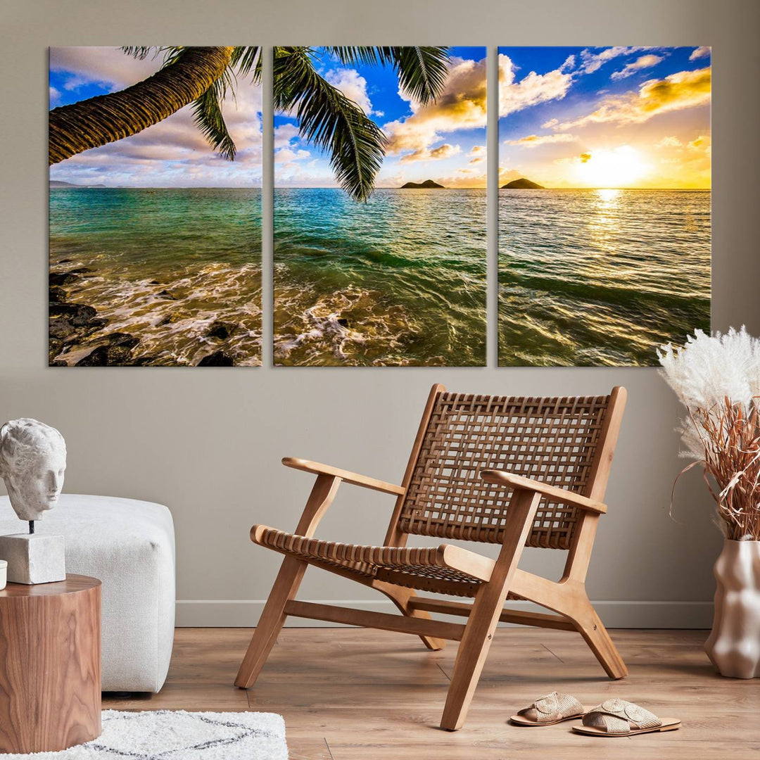 The Sunset Lake View Wall Art Canvas Print, gallery wrapped on a museum-quality canvas, enhances the vibrant living room decor with its UV-protective coating.