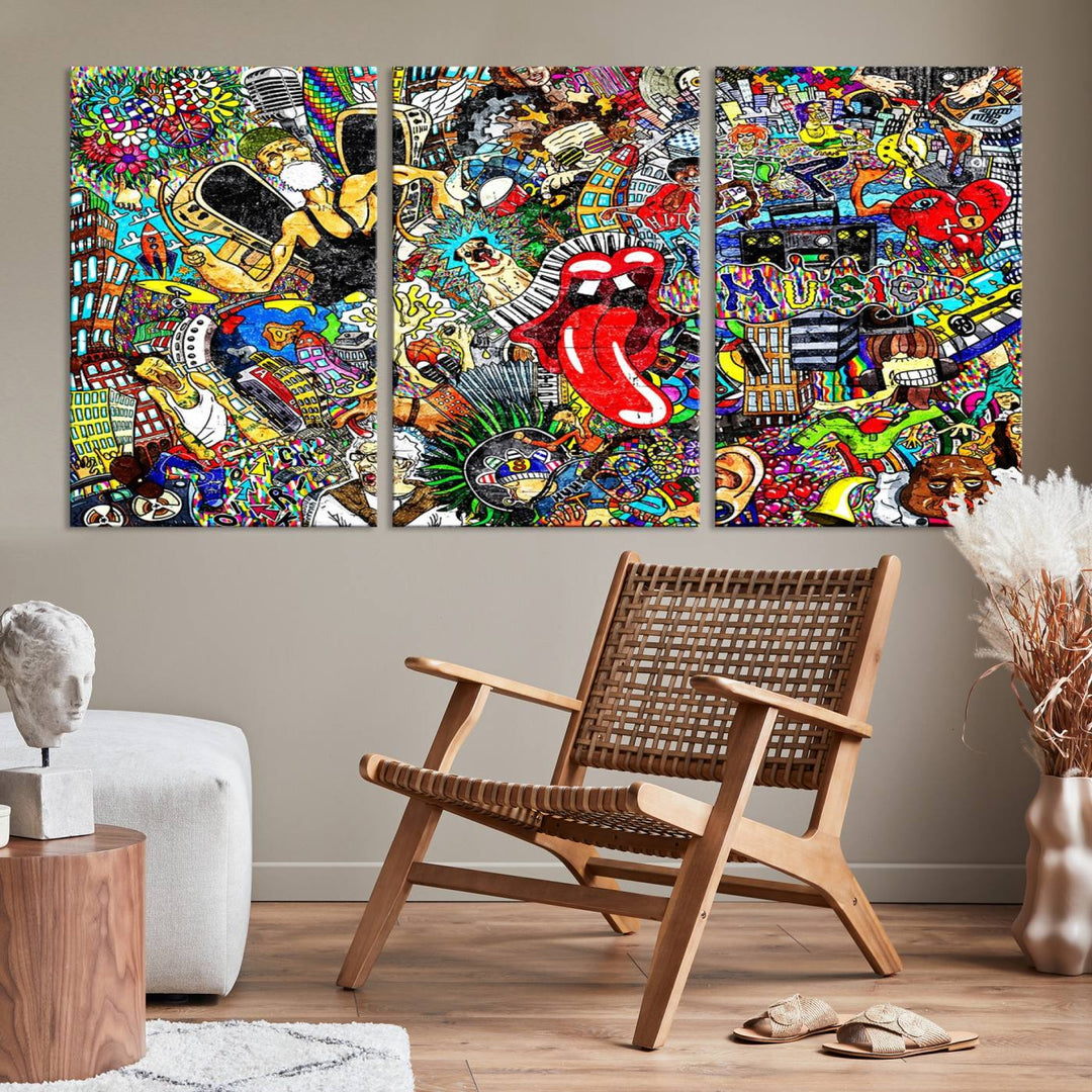 The Crazy Colors Music Vibes Wall Art Canvas Print showcases vibrant multi-panel abstract designs with colorful details on museum-quality canvas and is protected by a UV-coating.