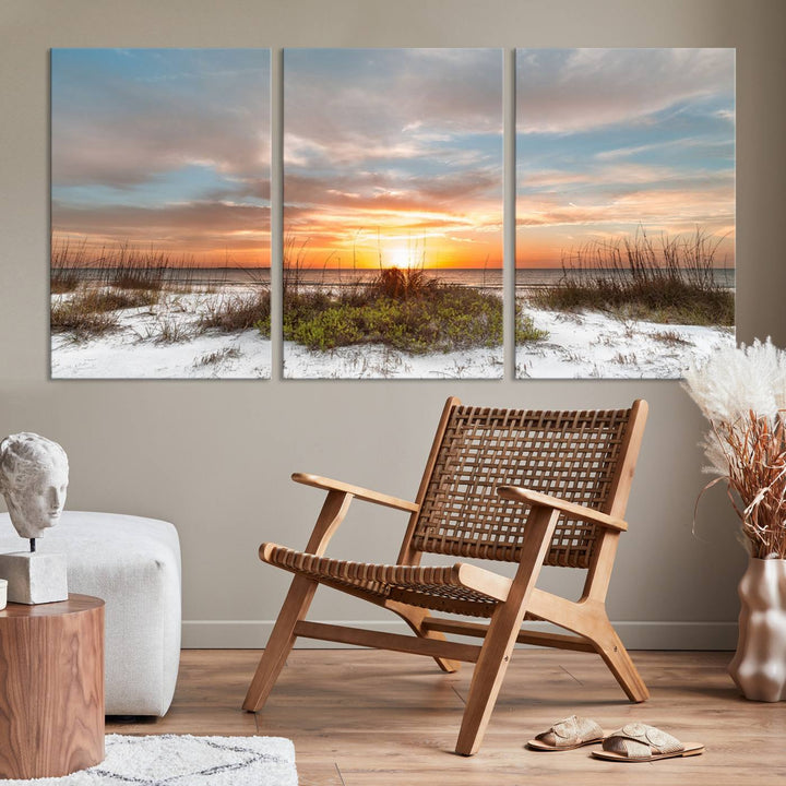 The Beach Ocean Sunset Sand Wall Art Canvas Print is expertly crafted on museum-quality canvases with a UV-protective coating.