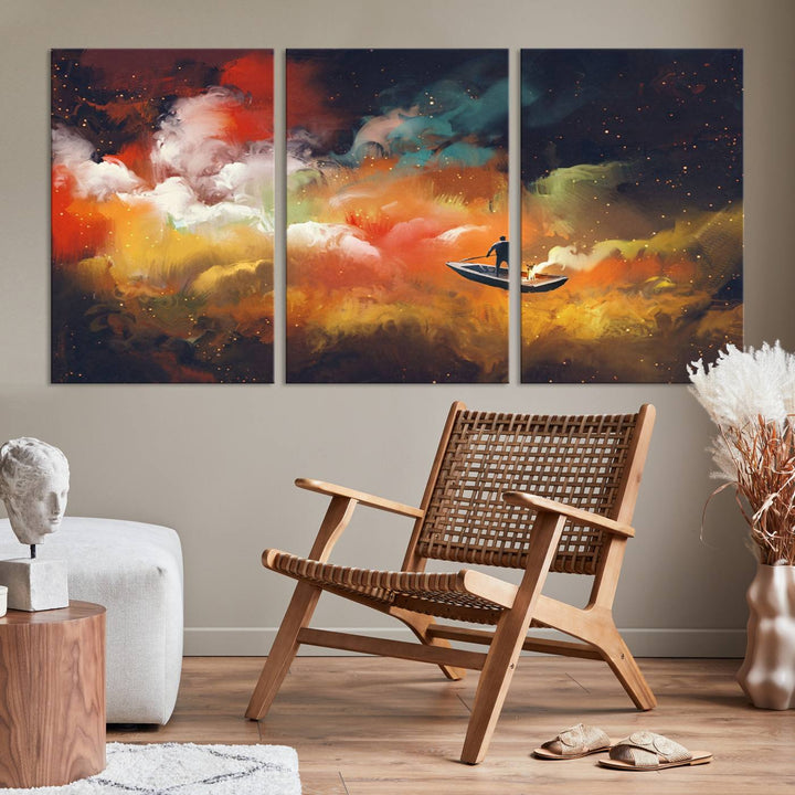 The "Surreal Space Adventure Canvas Wall Art" is a dreamlike abstract galaxy print with an astronaut among clouds, inviting you on a space adventure. This stunning piece comes framed and ready to hang, making it perfect for enhancing living room or bedroom decor.