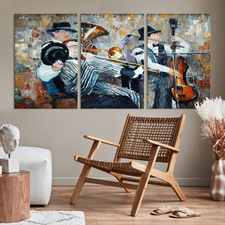 The Good Old Days Musicians Wall Art Canvas Print graces the wall, merging art with elegance. This museum-quality canvas comes with a UV-protective coating and is ready to hang.