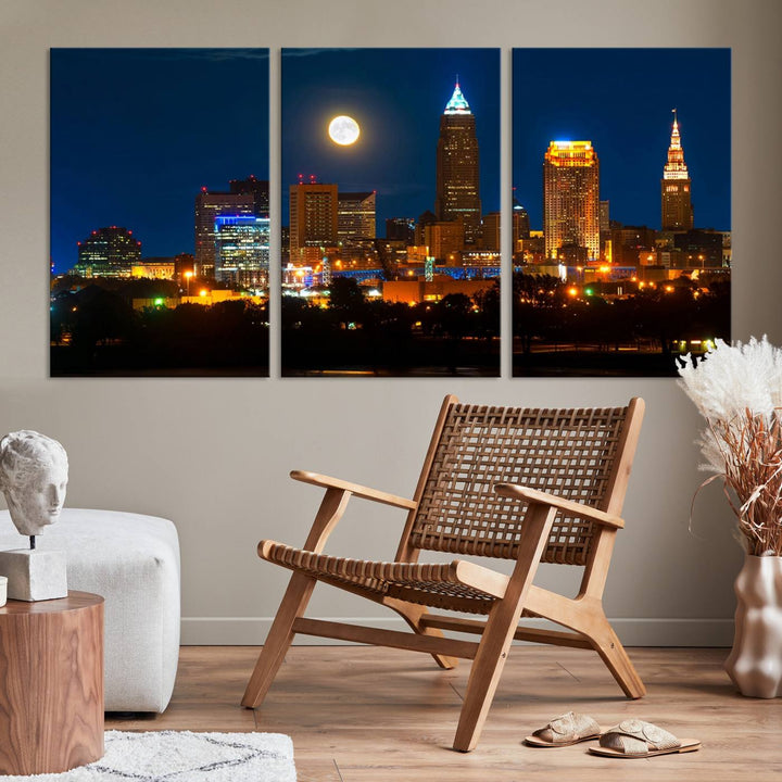 The "Cleveland Night Skyline Wall Art City Cityscape Canvas Print" adds elegance to the room with its depiction of a city skyline and full moon on museum-quality canvas. The artwork is enhanced by a UV-protective coating to ensure lasting brilliance.