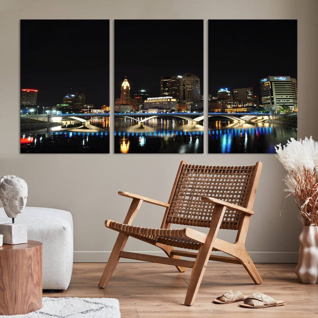 The "Columbus City Lights Night Skyline Cityscape View Wall Art Canvas Print" elegantly decorates the area, presented on museum-quality canvases that feature UV-protective coating to maintain their vibrant appearance.