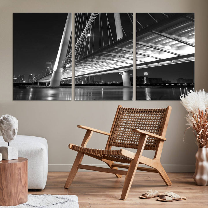 The modern living room features the museum-quality "Dallas City Bridge Lights Skyline Black and White Wall Art Cityscape Canvas Print," elegantly displayed on gallery-wrapped canvas.