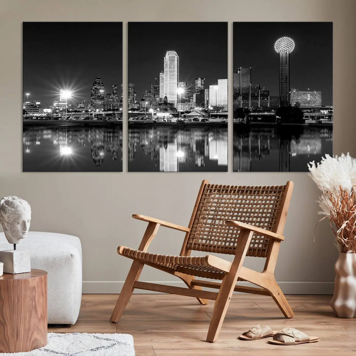 The Dallas City Lights Skyline Black and White Wall Art Cityscape Canvas Print is a striking addition to any space. These museum-quality canvases feature a UV-protective coating to maintain their beauty over time. Enjoy the convenience of free shipping when you choose this elegant piece for your home.