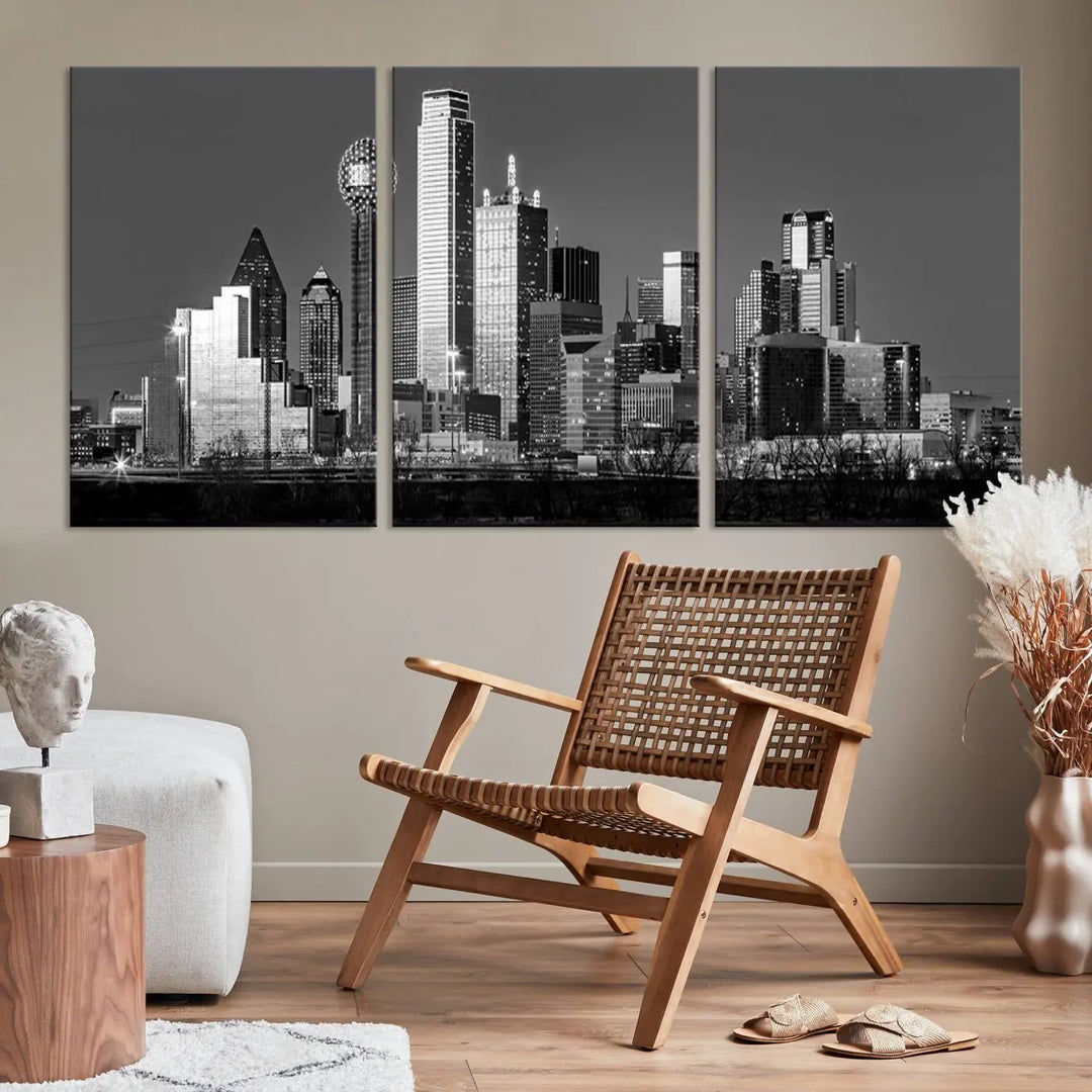 A black and white triptych of the Dallas city skyline is displayed, crafted on museum-quality canvas. This wall art piece is ready to hang, with each component adorned with a UV-protective coating to maintain its captivating appeal.