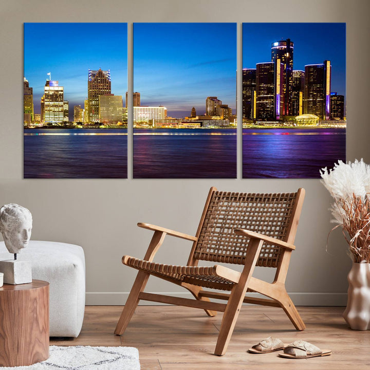 The living room features a breathtaking canvas print titled "Detroit City Lights Night Bright Blue Skyline Cityscape View," presented in a stunning triptych format on museum-quality canvases that are ready to hang.