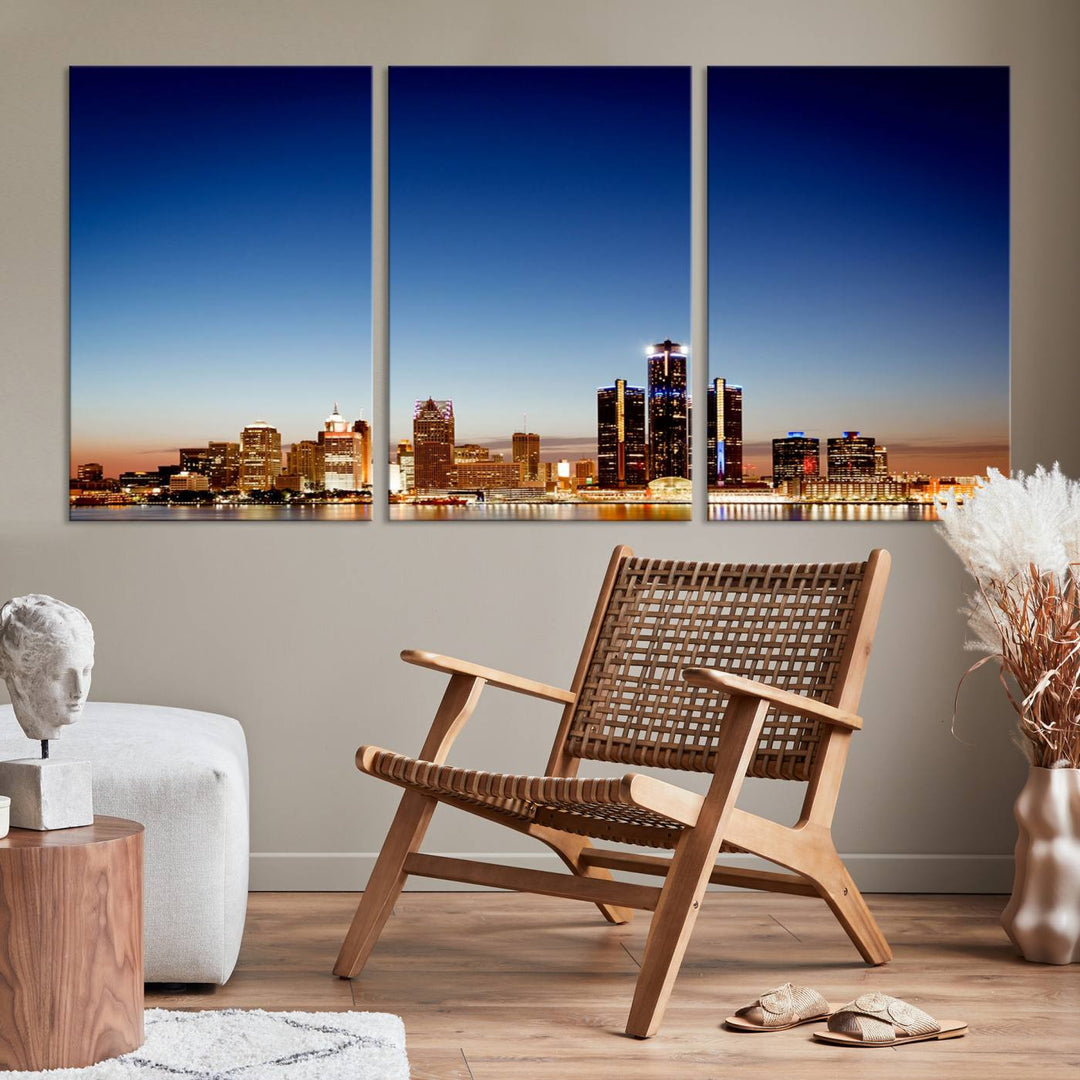 The Detroit City Lights Sunrise Skyline Cityscape View Wall Art Canvas Print adorns the modern living room. Crafted on museum-quality canvas with a UV-protective coating, this piece is ready to hang and elegantly elevates your décor.