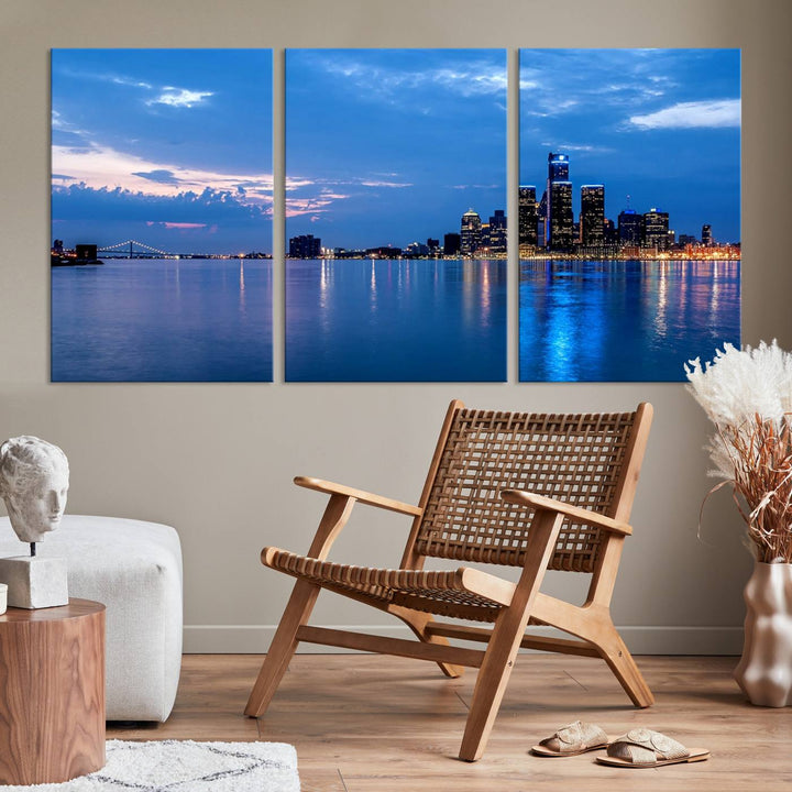 The "Detroit City Lights Night Blue Cloudy Skyline Cityscape View" wall art, displayed on museum-quality canvases, is split into three gallery-wrapped panels.