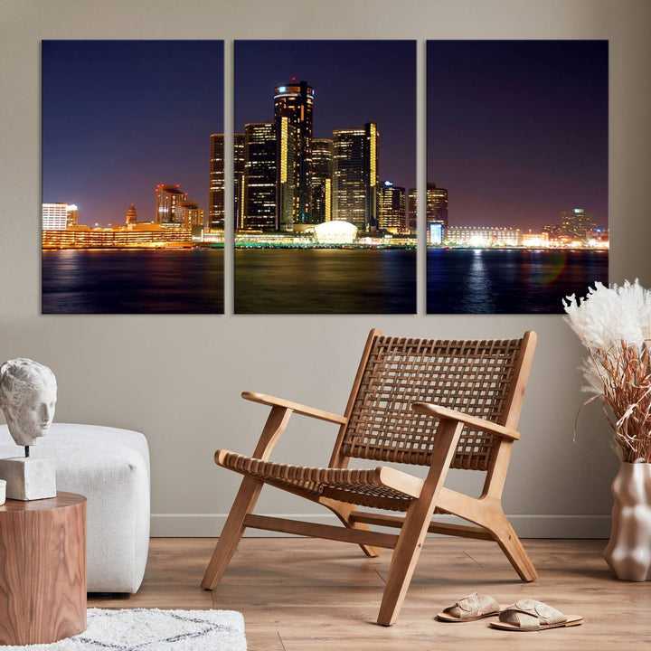 The Detroit City Lights Night Skyline Cityscape View Wall Art Canvas Print, elegantly split into three panels, is made from museum-quality pollycotton and gallery wrapped for a sophisticated touch. It is available with free shipping to effortlessly elevate your space.