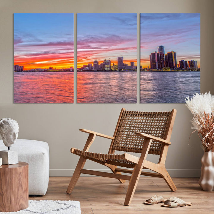 The Detroit City Lights Sunset Colorful Cloudy Skyline Cityscape View Wall Art Canvas Print showcases a vibrant city skyline at sunset over water. The artwork is museum-quality, comes ready to hang, and features a UV-protective coating to preserve its vivid colors.