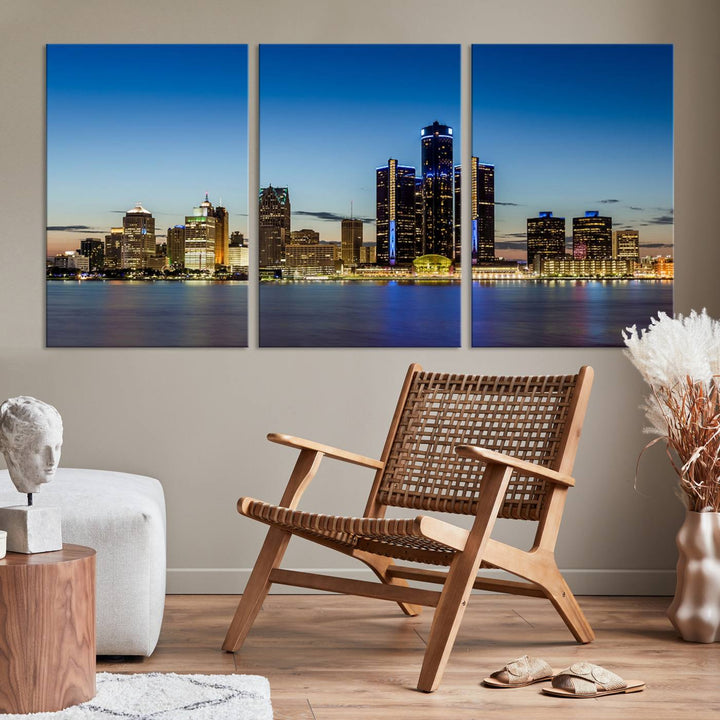 The "Detroit City Lights Sunrise Skyline Cityscape View Wall Art Canvas Print" on the wall is a triptych gallery-wrapped on museum-quality canvas, adding an elegant touch to the space.