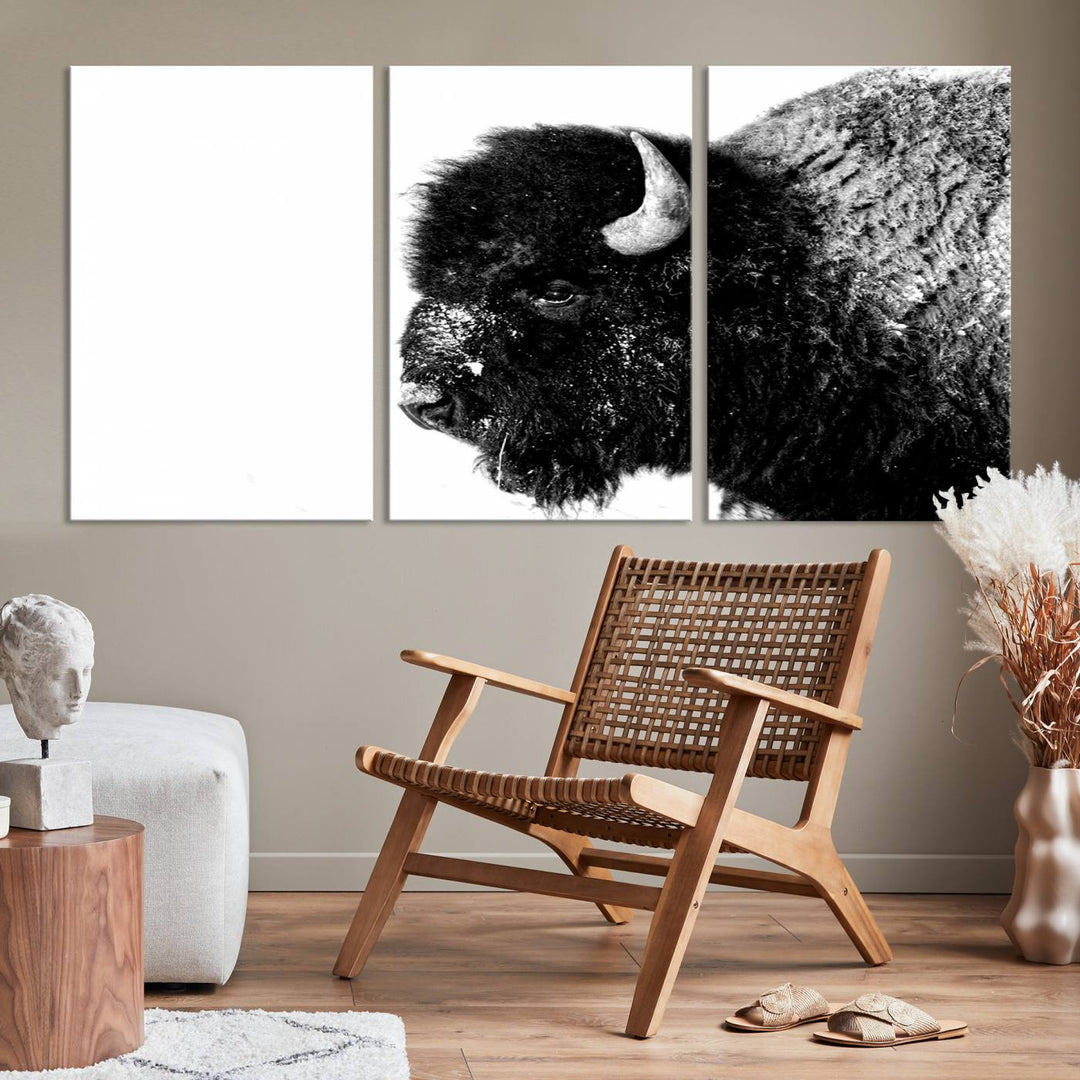 American Bison Wall Art - Buffalo Wall Art Black and White Canvas Print - Framed, Ready to Hang, Modern Nature-Inspired Artwork for Home and Office Decor