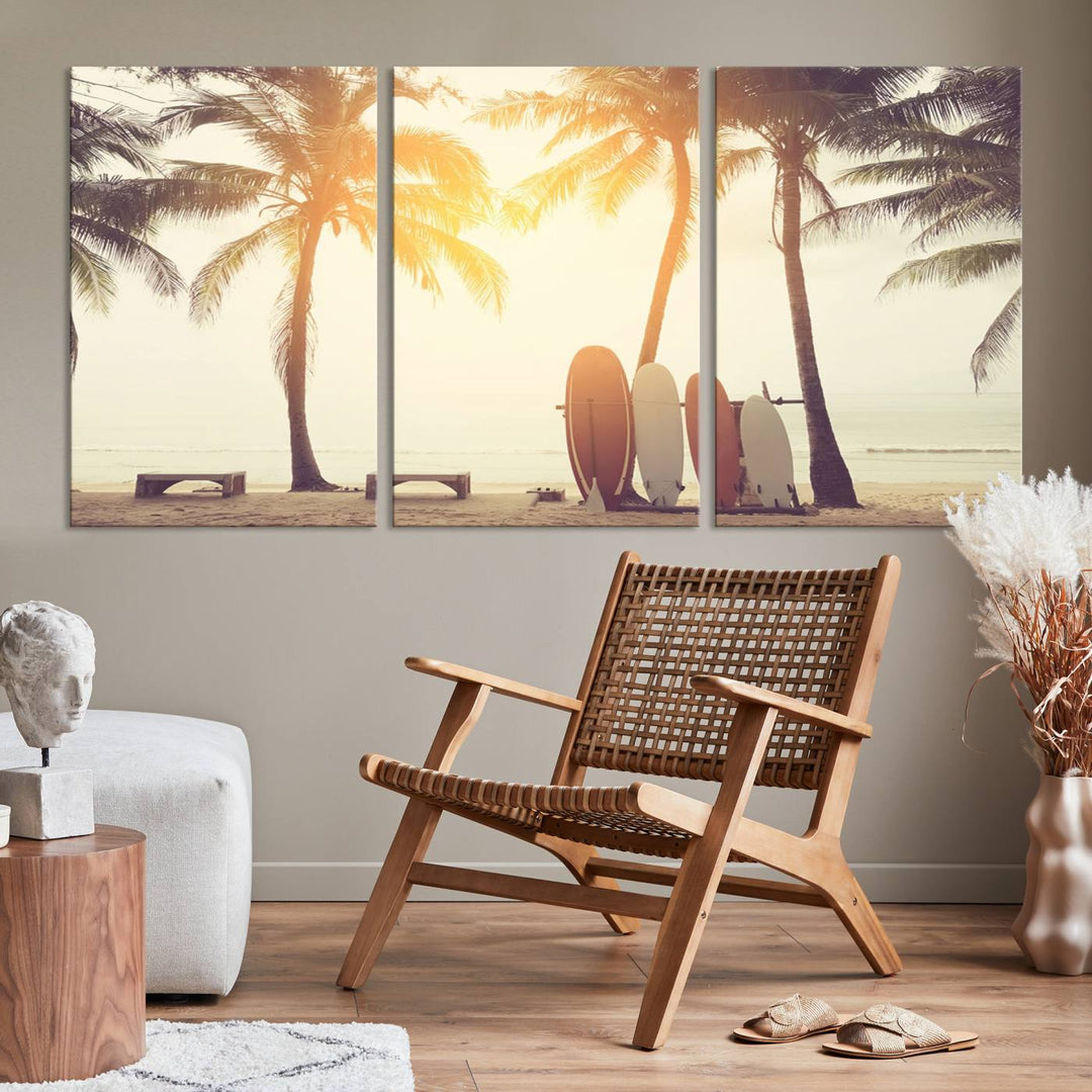 Surfboard and Palm Tree on Beach Double Exposure with Colorful Bokeh Sunset Light Wall Art Canvas