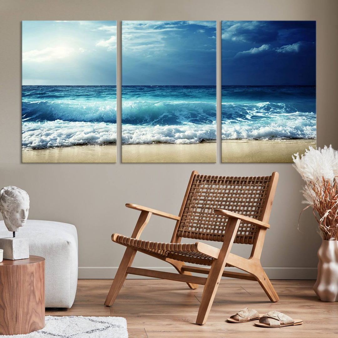 Impresiones en lienzo de playa, paisaje marino, foto náutica, lienzo costero, lienzo de olas de mar, arte de pared extragrande, decoración de pared de playa