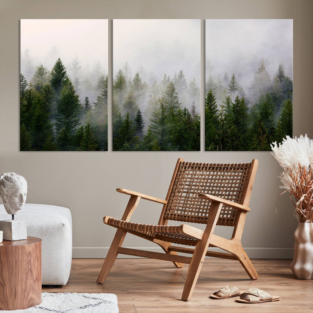 A 3-panel Misty Pine Forest Wall Art Canvas Print, featuring a green woodland scene, adorns the wall.