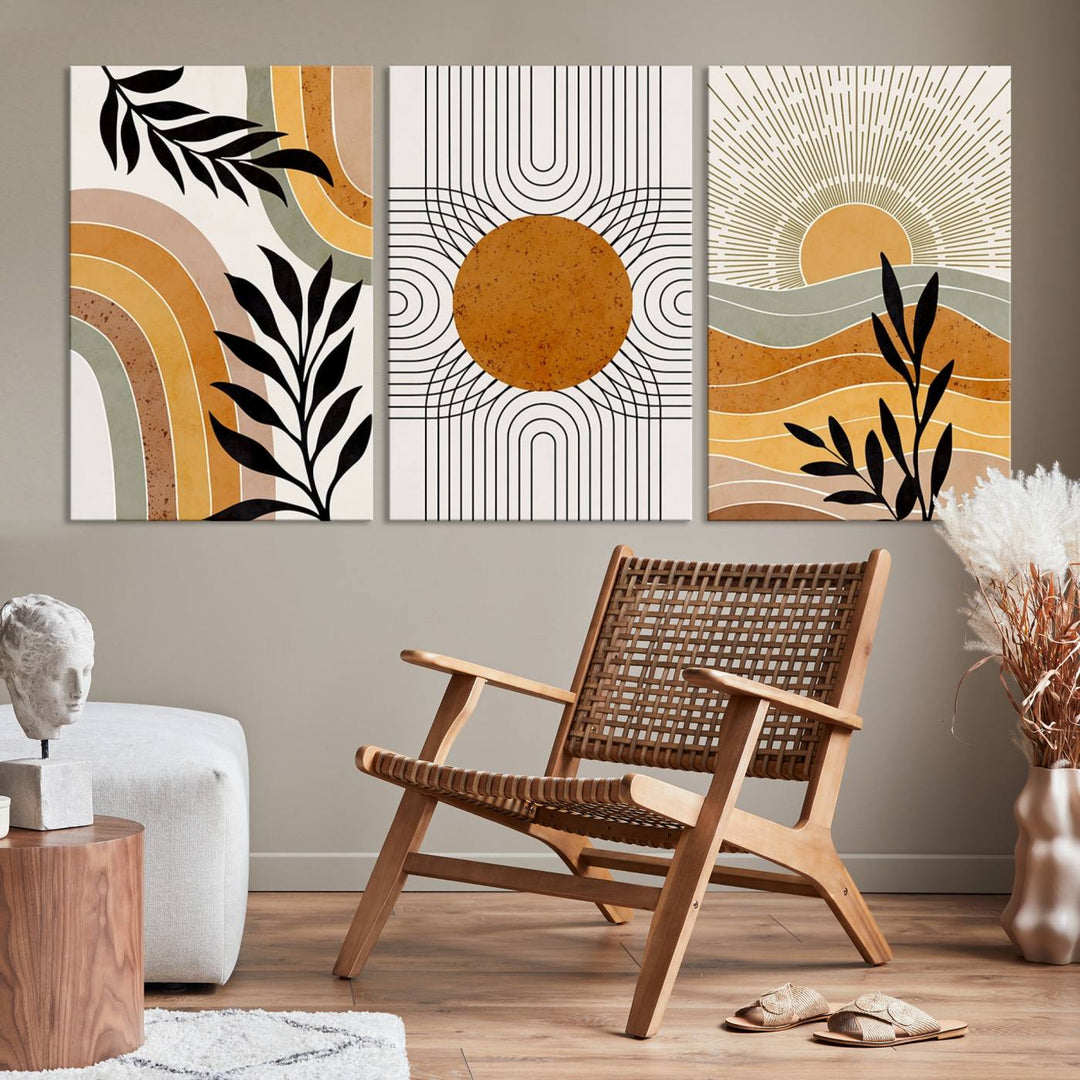 Modern Boho Sun and Leaf Abstract Art – 3-Panel Giclée Canvas for Mid-Century Modern or Bohemian Wall Decor