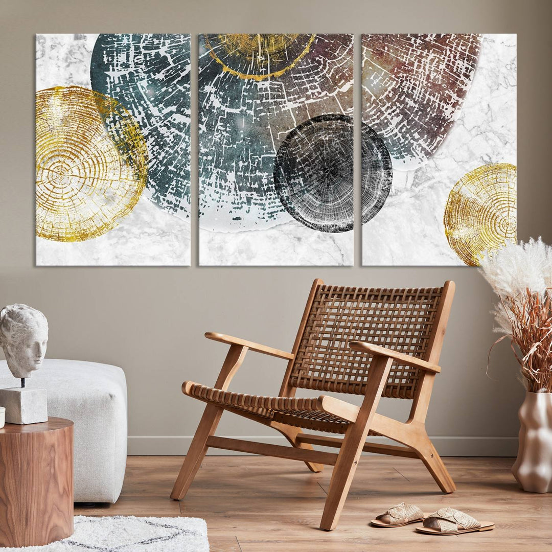 Contemporary living room showcasing the "Wood Lines" 3 Panel Abstract Wall Art Canvas Print displaying museum-quality tree ring art on the wall.