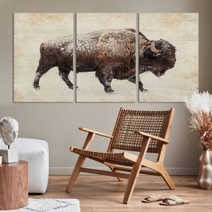 The "Buffalo Wall Art" canvas print, featuring a Western bison, hangs prominently, infusing the space with rustic cowboy and Western decor.