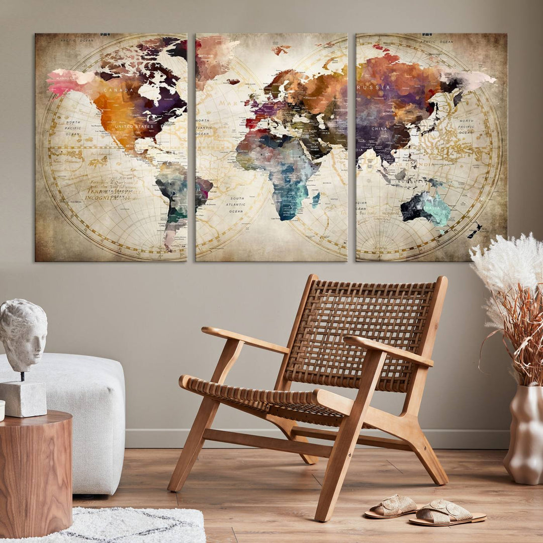 A World Map Wall Art Canvas Print featuring vibrant colors is crafted on museum-quality canvas, adding a touch of elegance to the room.