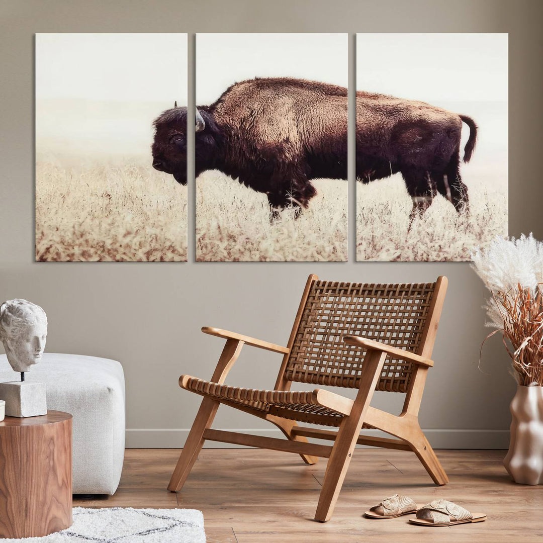 A stylish living room showcases the captivating "Bison in Field" Wall Art Canvas Print as farmhouse decor.