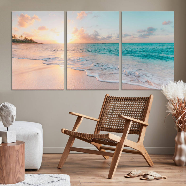 Beach Sunrise Wall Art, Coastal Seascape Canvas Print, Ocean Wave Multi-Panel Giclee, Coastal Sunset Beach Scene for Modern Decor