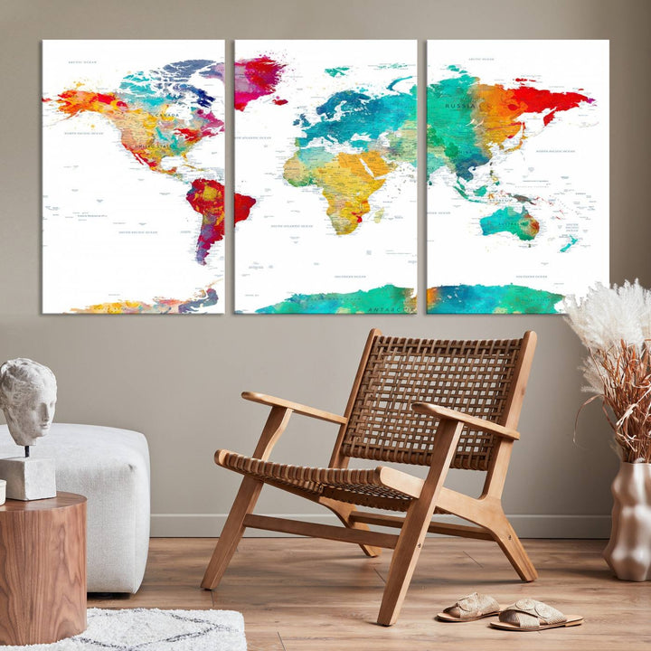 A stunning Colorful World Map Triptych Canvas Print, featuring a ready-to-hang framed design, adds vibrancy and modern flair to the space, effortlessly elevating the entire home décor.