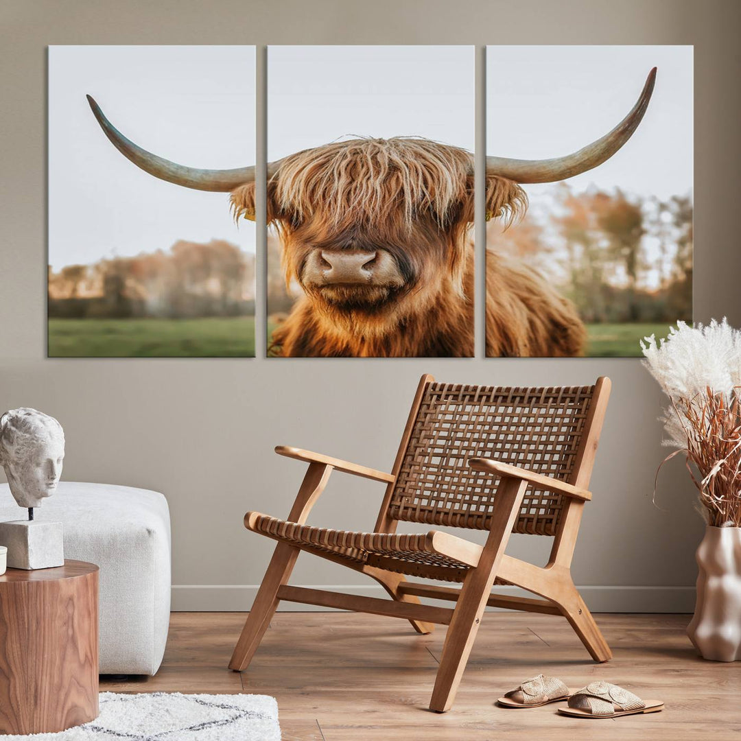 A Highland Cow Animal Scottish Cattle Art Print Farmhouse Wall Art Canvas Print hangs in the living room, adding a touch of rustic farmhouse decor.