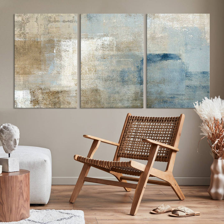 Abstract Blue and Beige Wall Art, Modern Minimalist Canvas Print Set, Giclee Textured Art, Large Multi-Panel Artwork for Living Room