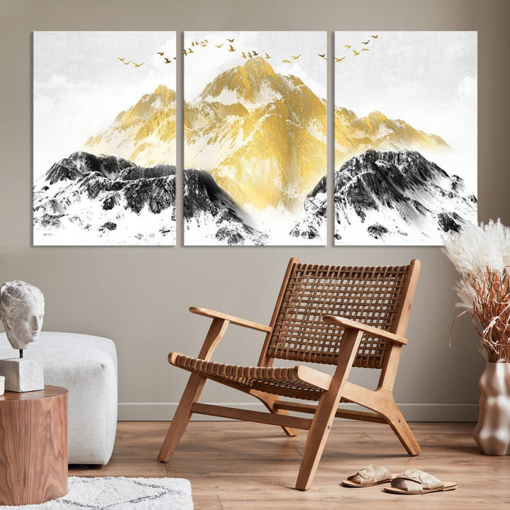 Golden Mountain Triptych Wall Art, Modern Giclee Canvas Print, Nature Landscape Decor for Living Room, Contemporary Gold and Black Wall Art