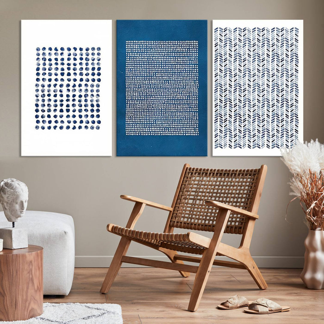 The modern living room is beautifully complemented by the "Canvas Print Wall Art Set Navy Blue White Geometric Dot Collage Abstract Illustr Art" on the wall. This art is printed on museum-quality canvas with a UV-protective coating for enhanced durability and vibrancy. Each piece is ready to hang, offering an effortless upgrade to your space.