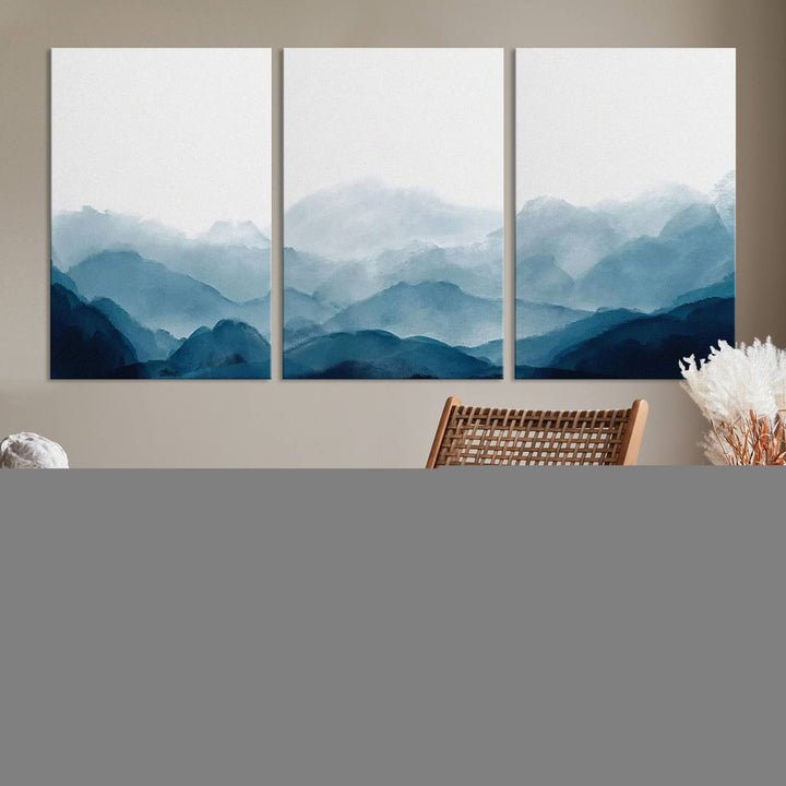 A modern living room features a three-panel canvas of green forest nature scenery photography on the wall. The artwork is gallery wrapped in museum-quality canvases, ensuring both durability and an exquisite display.