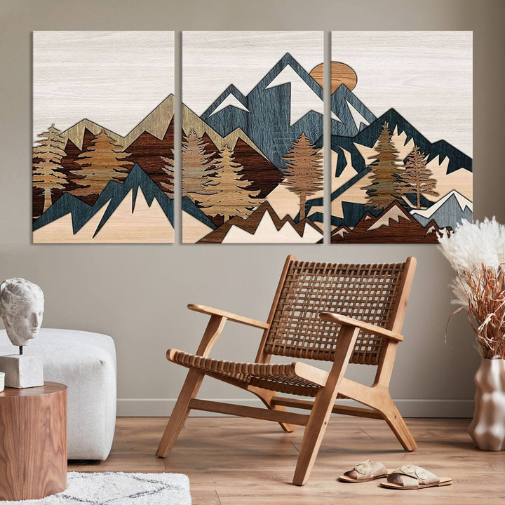 Woodland Mountain Landscape Triptych, Giclee Canvas Art for Modern Home, Rustic Wooden Nature Wall Art, Large Mountain and Tree Canvas for Living Room