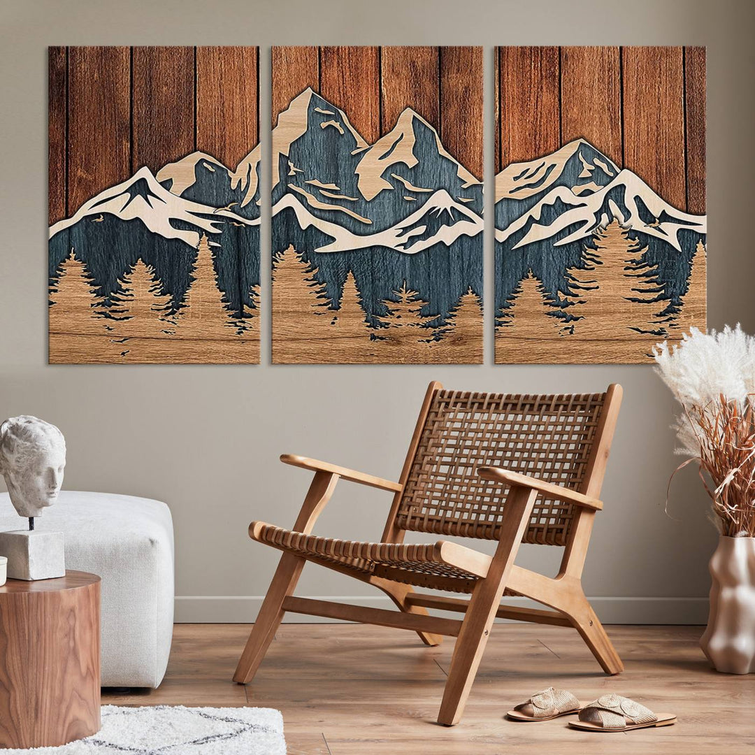 Rustic Wood Style Mountain Wall Art, Nature Forest Canvas Print, Wooden Textured Mountain Artwork, Handcrafted Landscape Decor for Farmhouse Decor