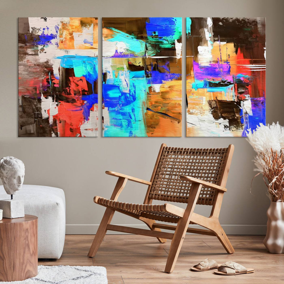 In a modern living room, the "Colorful Abstract Wall Art Canvas Print" serves as a stunning triptych centerpiece on museum-quality canvas, ready to hang. Its UV-protective coating ensures enduring vibrancy.