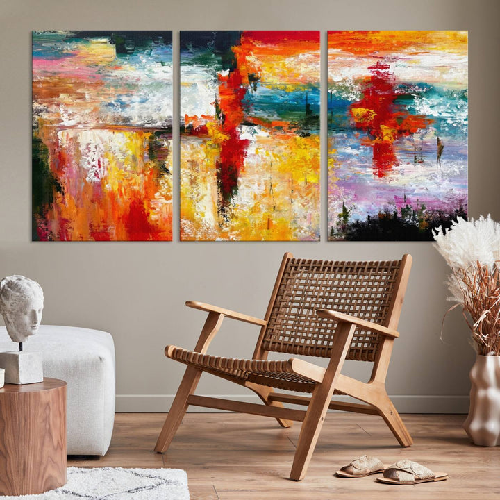 A Colorful Abstract Wall Art Canvas Print graces the wall, making this ready-to-hang masterpiece, complete with UV-protective coating, perfect for elevating any space with its vibrant allure.