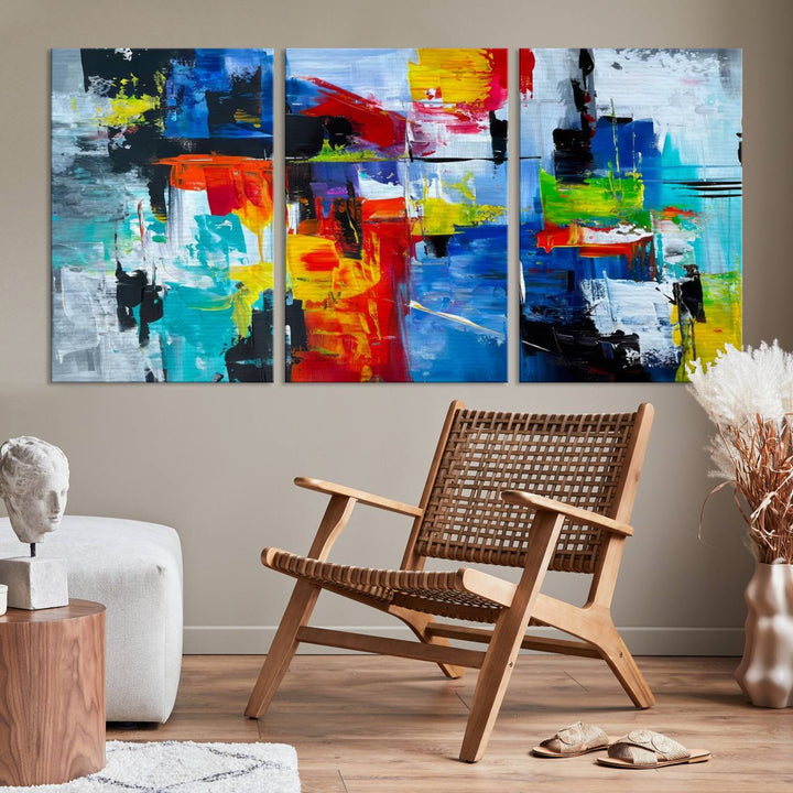 Three Colorful Abstract Wall Art Canvas Prints feature vibrant colors on museum-quality canvas and are finished with a UV-protective coating. Their ready-to-hang design allows for effortless transformation of your space.