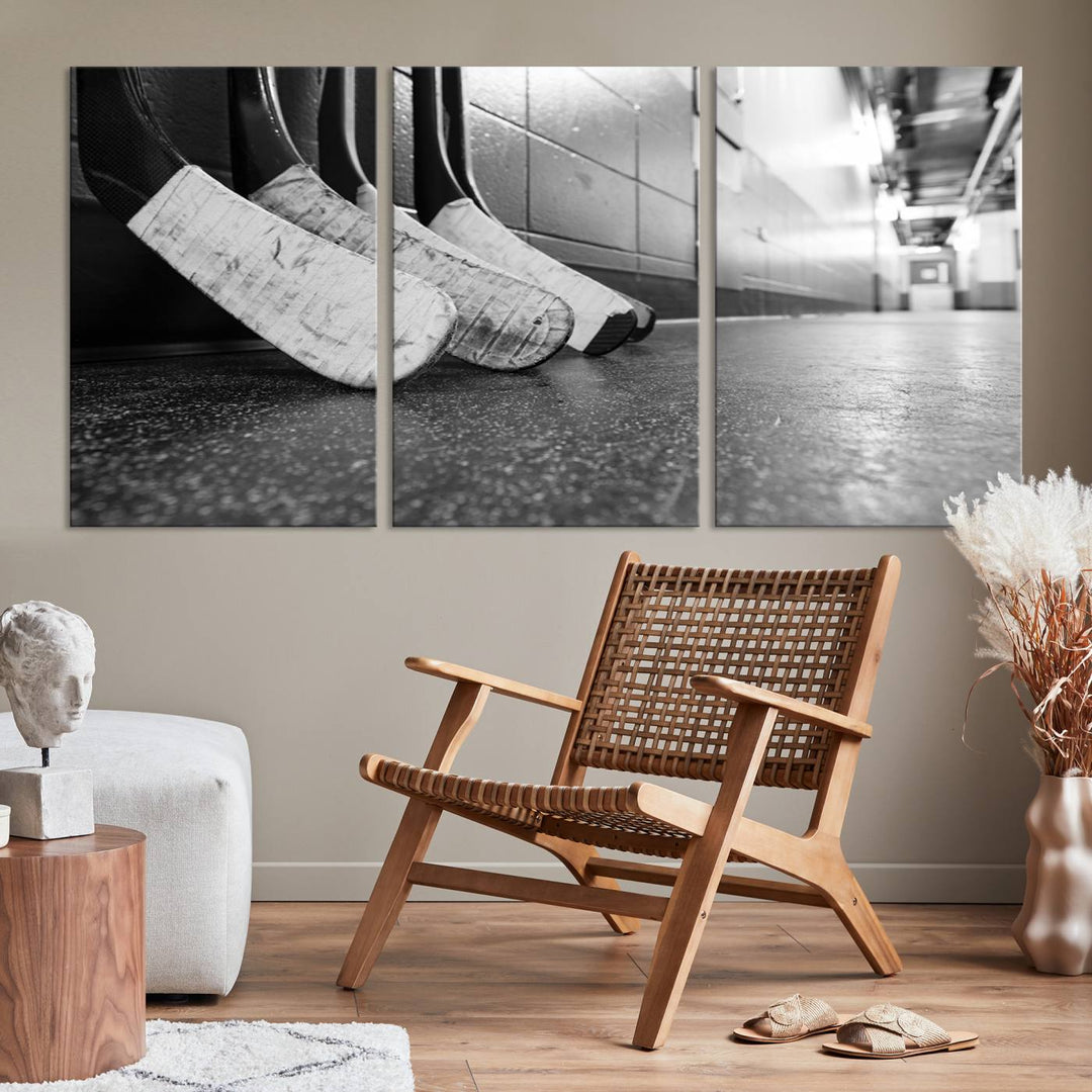 A living room featuring a large Ice Hockey Wall Art Canvas Print on gallery-wrapped canvas.