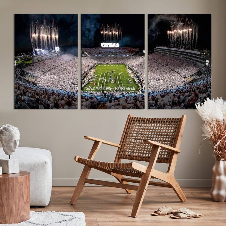 The Penn Stadium Football Wall Art Canvas Print showcases the lively ambiance of a bustling Pennsylvania University football stadium illuminated by fireworks.