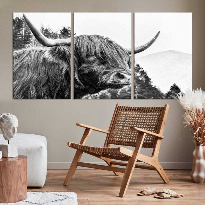 The Scottish Longhorn Wall Art Canvas Print features a highland cow with long horns and shaggy hair displayed on a museum-quality canvas. Equipped with a UV-protective coating for durability, it's ready to hang and enjoy for years to come.