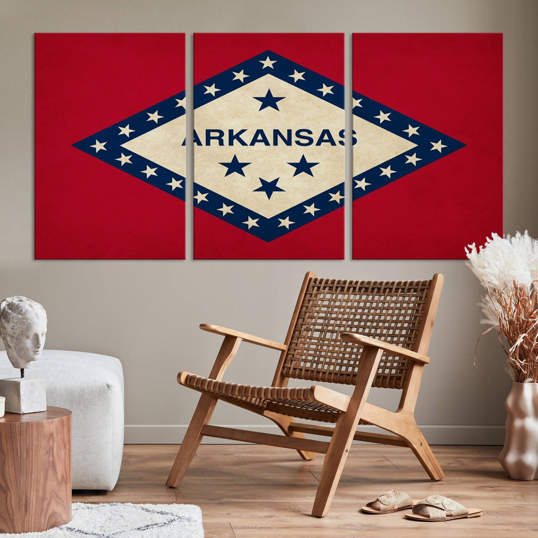 The Arkansas Flag Wall Art Canvas Print is displayed on gallery-wrapped, museum-quality canvases. Its vibrant colors are preserved by a UV-protective coating, ensuring long-lasting brilliance in your living space.