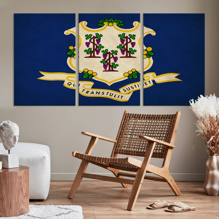 A "Size Connecticut States Flag Wall Art Canvas Print" hangs on the wall, its vibrancy preserved by a UV-protective coating.