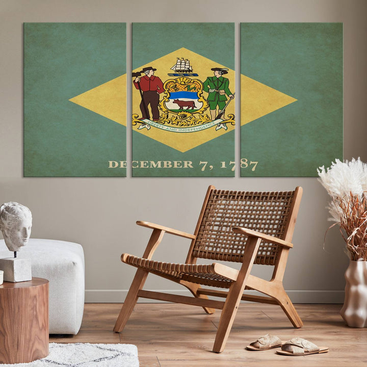 The Delaware States Flag Wall Art Canvas Print, featuring museum-quality material and a UV-protective coating, hangs elegantly, ready to be admired.