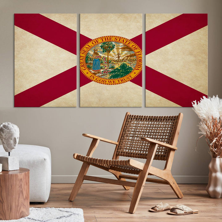 A Florida States Flag Wall Art Canvas Print, featuring a UV-protective coating for museum-quality preservation, is displayed.