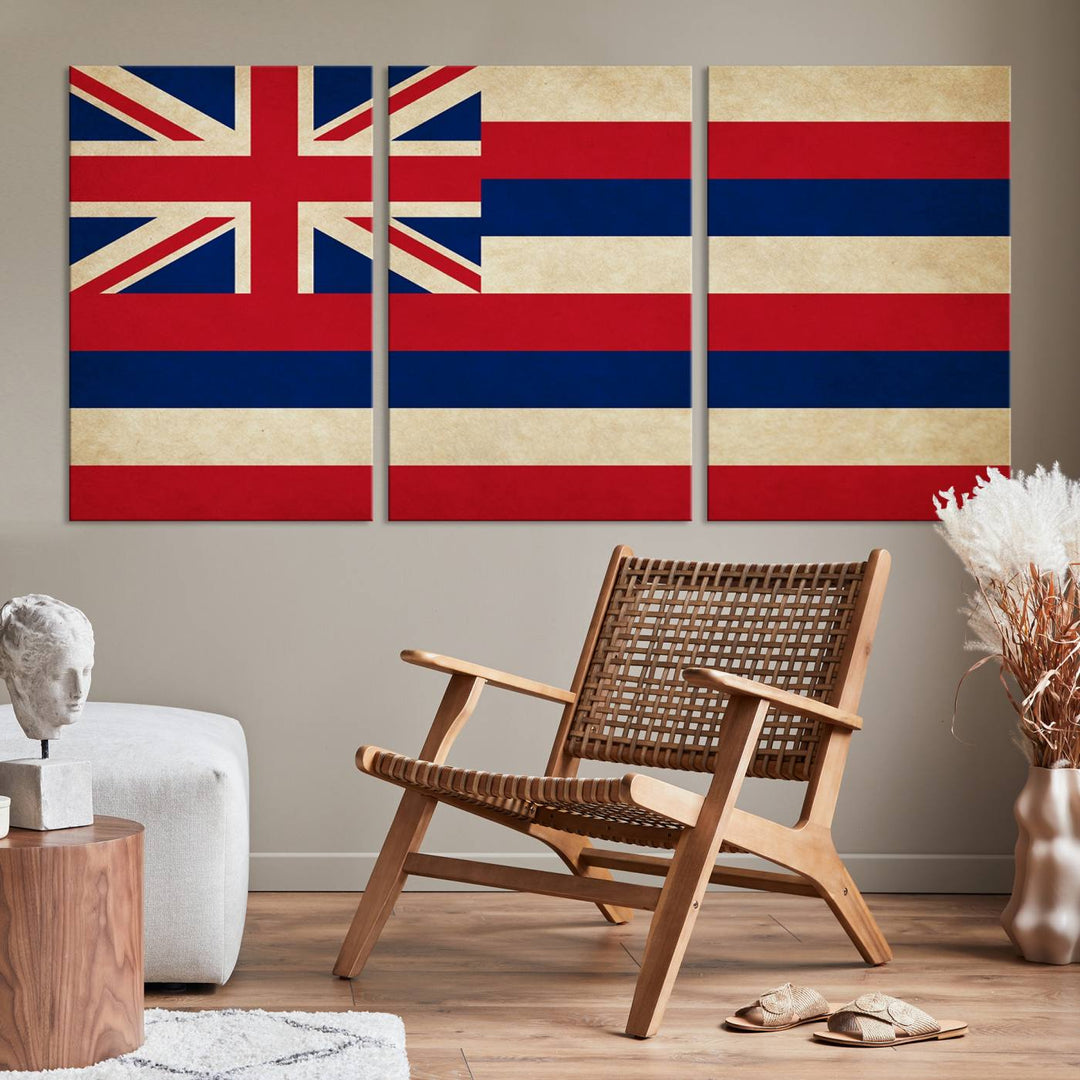 A stunning piece titled "Hawaii USA States Flag Wall Art Canvas Print" adorns the wall. This gallery-wrapped artwork is printed on museum-quality canvas and features a UV-protective coating, ensuring its vibrant colors remain timelessly beautiful.