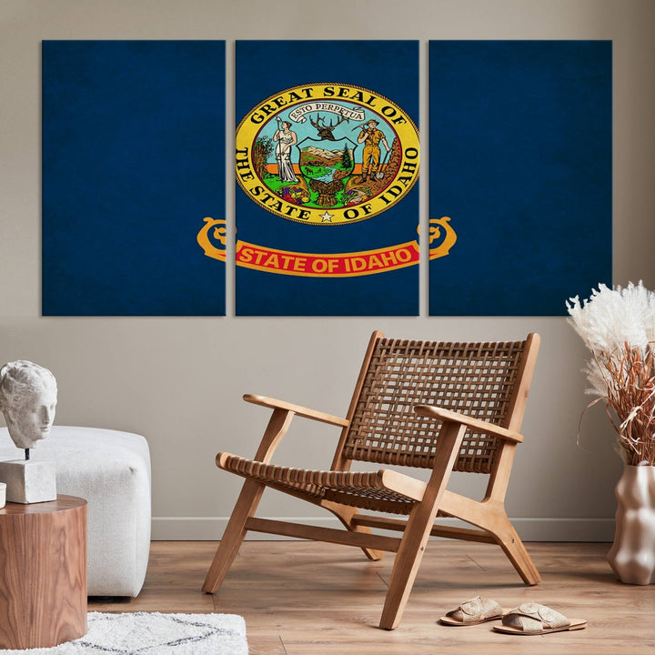 The Idaho USA States Flag Wall Art Canvas Print, featuring a UV-protective coating for lasting vibrancy, is ready to hang.