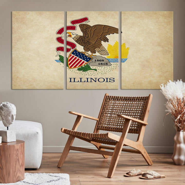 The Illinois State Flag Wall Art Canvas Print, crafted on museum-quality canvas with a UV-protective coating, is displayed prominently.