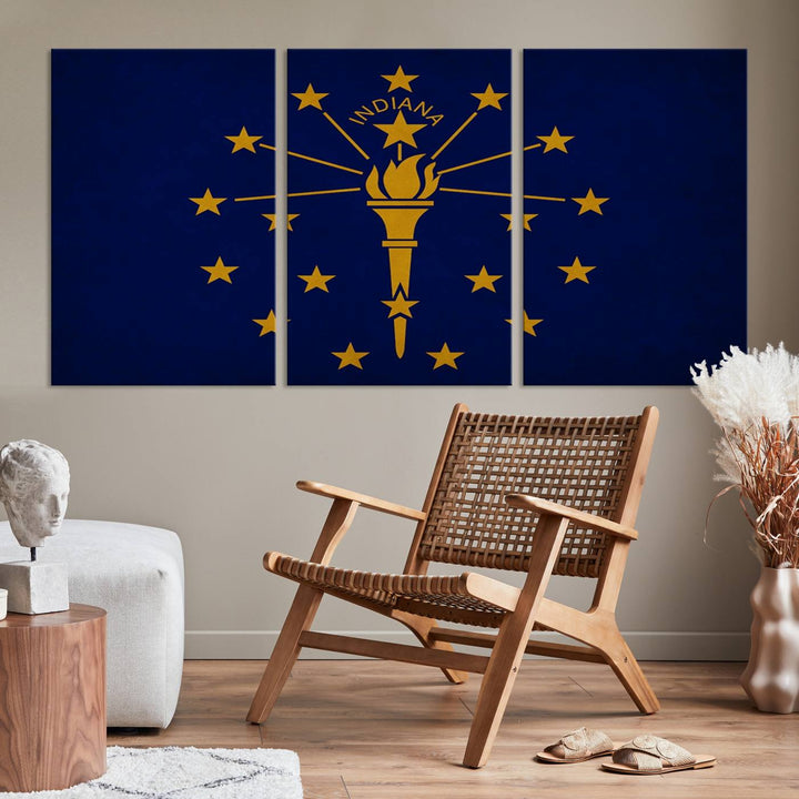 The Indiana States Flag Wall Art Canvas Print, featuring museum-quality canvas with a UV-protective coating, adorns the wall and brings an elegant and charming touch to your living space. Ready to hang, this piece becomes a standout feature in any room.