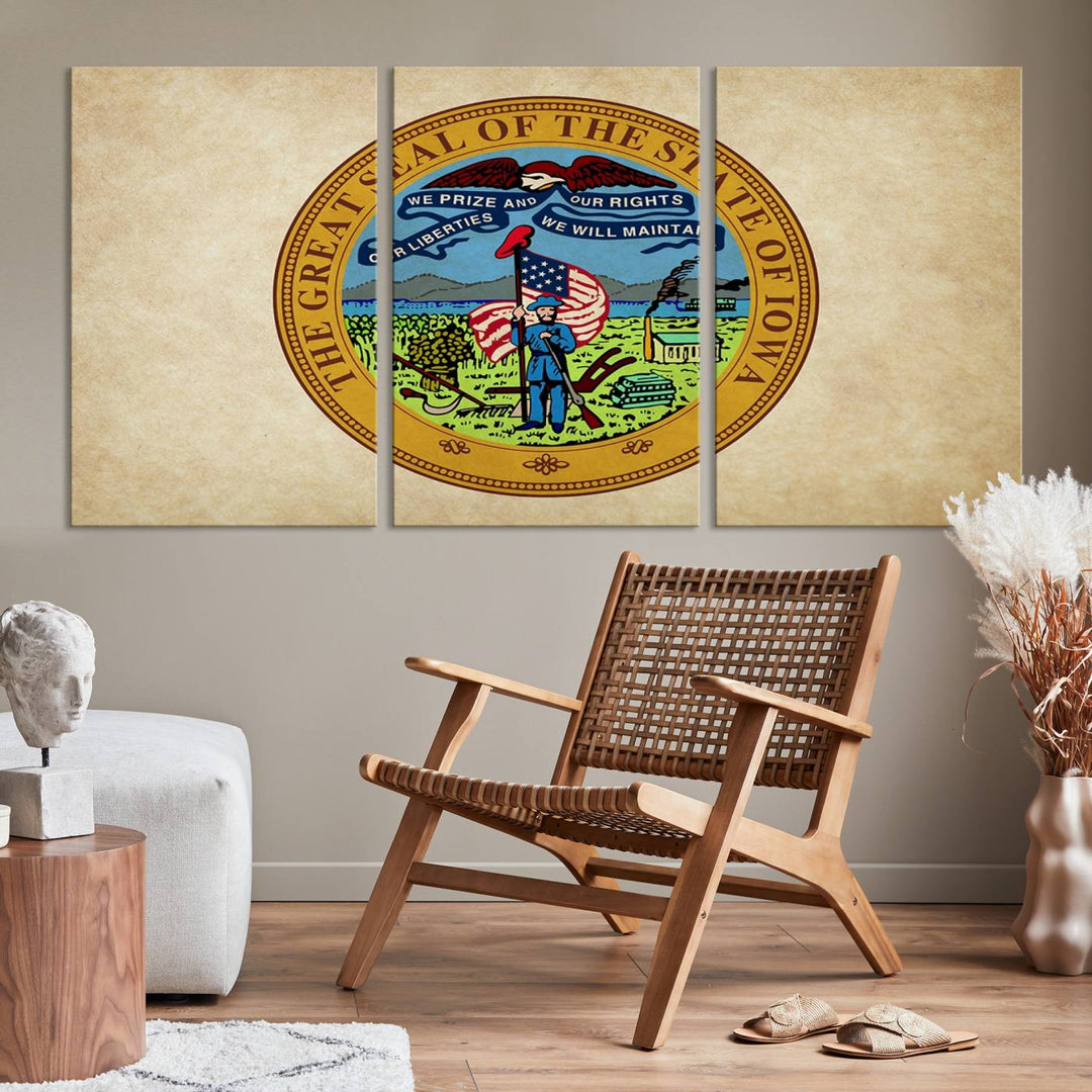 The Iowa USA States Flag Wall Art Canvas Print, beautifully hand-assembled in a framed, museum-quality canvas, is displayed on the wall.