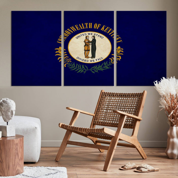 A museum-quality canvas of the Kentucky State Flag Wall Art graces the wall, featuring a UV-protective coating to maintain its vivid colors. Benefit from free shipping on this impressive home decor piece.